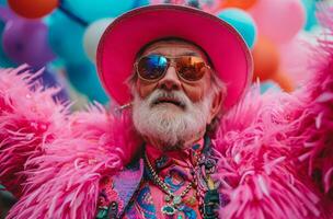 ai generado un antiguo hombre vestido en rosado y negro participación su brazos arriba foto