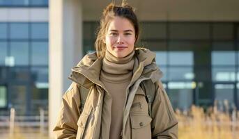 AI generated a woman in a tan turtleneck and jacket photo