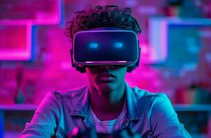 ai generado un joven hombre con un vr auriculares vistiendo un vídeo juego controlador foto