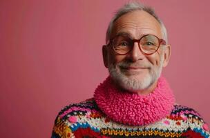 AI generated older man wearing glasses in a cheerful sweater with pink pompom photo