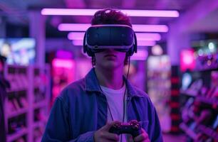 ai generado un joven hombre con un vr auriculares vistiendo un vídeo juego controlador foto