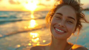 AI generated a smiling woman lying on the beach at sunset photo