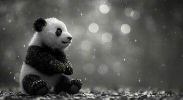 ai generado un negro y blanco relleno panda sentado siguiente a un brillante bokeh antecedentes foto