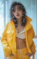 AI generated lu fei kang wearing a yellow jacket and shorts photo