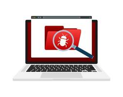 Computer virus detection. Searching bugs. Data protection. Magnifier glass. vector