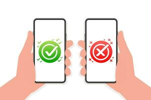 Check mark button with yes and no on smartphone screens. Flat simple style trend modern red and green checkmark vector
