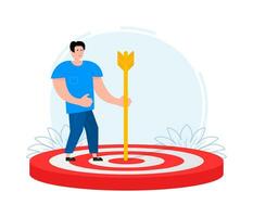 Team target or achievement. A man stands on a target and holds an arrow. Customer attraction vector