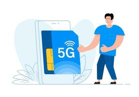 A man stands near the smartphone, on the screen 5G Sim Card. Mobile telecommunications technology. vector