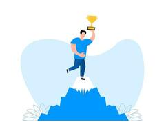 Personal achievement. Man win stands on top of a mountain with a goblet in his hands. Best worker vector