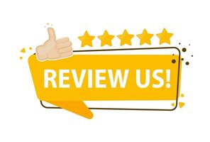 Review us. User rating label. Review and rate us stars vector