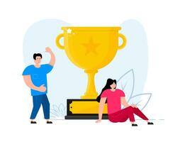 A man and a woman are standing near Trophy. Golden Cup. vector