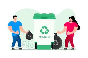 Man and woman standing next to a trash can. People sorting garbage. Saving ecology and recycling. vector