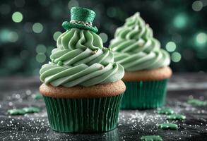 AI generated two cupcakes with the leprechaun hat on top photo