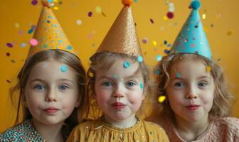 ai generado Tres niña niños con fiesta sombreros, papel picado y globos soplo arriba foto