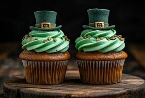 AI generated two cupcakes with the leprechaun hat on top photo