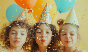 ai generado Tres niña niños con fiesta sombreros, papel picado y globos soplo arriba foto