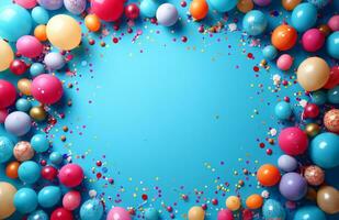 AI generated confetti, balloons and decorations arranged in a circular pattern over a blue background photo