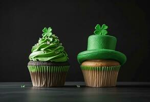 AI generated two cupcakes decorated with shamrock and green hat photo