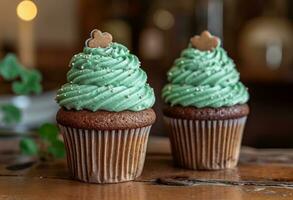 AI generated two shamrock frosting cupcakes sitting on a wooden table photo