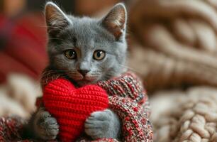 ai generado un adorable gris gato participación un rojo corazón foto
