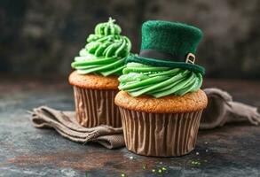 AI generated two cupcakes with the leprechaun hat on top photo