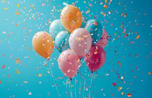 AI generated colorful balloons and confetti is thrown on a bright blue background photo