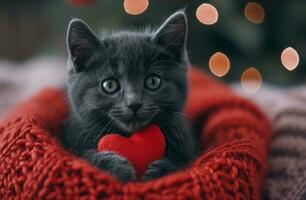 AI generated black and silver cat has big heart and he loves to knit photo