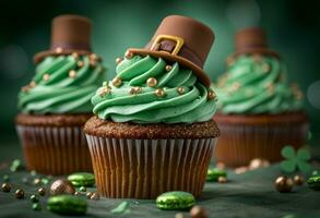 AI generated two cupcakes with the leprechaun hat on top photo