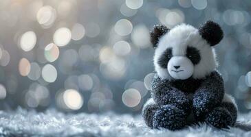 ai generado un negro y blanco relleno panda sentado siguiente a un brillante bokeh antecedentes foto