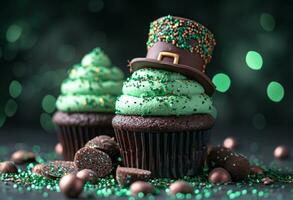 AI generated two cupcakes with the leprechaun hat on top photo