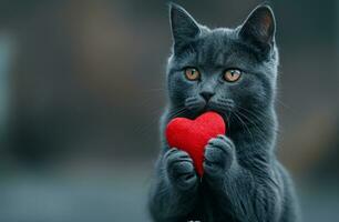 AI generated a gray cat holding a red heart photo