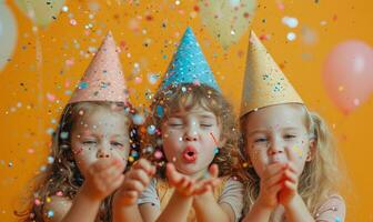 ai generado Tres niña niños con fiesta sombreros, papel picado y globos soplo arriba foto