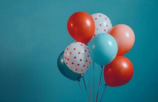 ai generado globos desde un fiesta son arreglado en un azul antecedentes foto