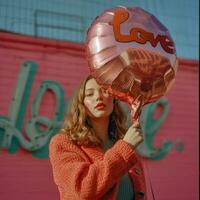 ai generado un mujer participación un globo con el palabra amor foto