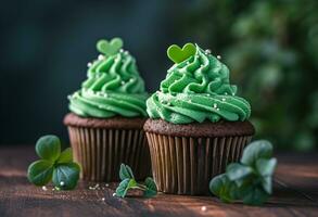 AI generated two shamrock frosting cupcakes sitting on a wooden table photo