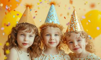 ai generado Tres niña niños con fiesta sombreros, papel picado y globos soplo arriba foto