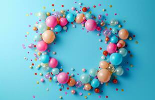 AI generated confetti, balloons and decorations arranged in a circular pattern over a blue background photo