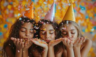 ai generado Tres muchachas con fiesta sombreros soplo papel picado en el esquina, foto