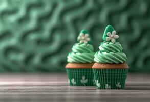 AI generated two cupcakes decorated with shamrock and green hat photo
