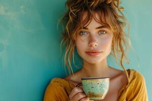 AI generated a woman holding a cup of coffee photo