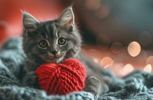 ai generado negro y plata gato tiene grande corazón y él ama a tejer foto