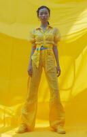 AI generated a woman standing in an outfit of yellow and blue photo