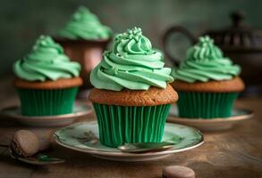 AI generated cupcakes decorated for st patricks day with green decorations photo