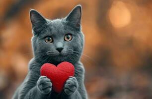 AI generated a gray cat holding a red heart photo