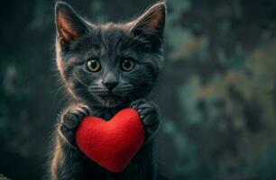 ai generado un gris gato participación un rojo corazón foto