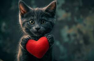 AI generated a gray cat holding a red heart photo