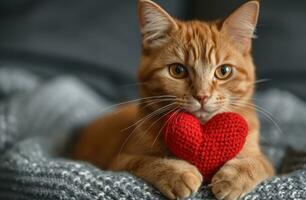 ai generado un jengibre gato participación un rojo corazón y señalando a el cámara foto