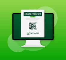 salud pasaporte qr código en lineal estilo en verde antecedentes. coronavirus vacunación. vacuna certificado tarjeta vector