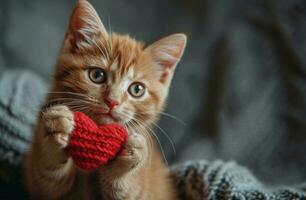 ai generado un jengibre gato participación un rojo corazón y señalando a el cámara foto