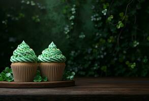AI generated two shamrock frosting cupcakes sitting on a wooden table photo